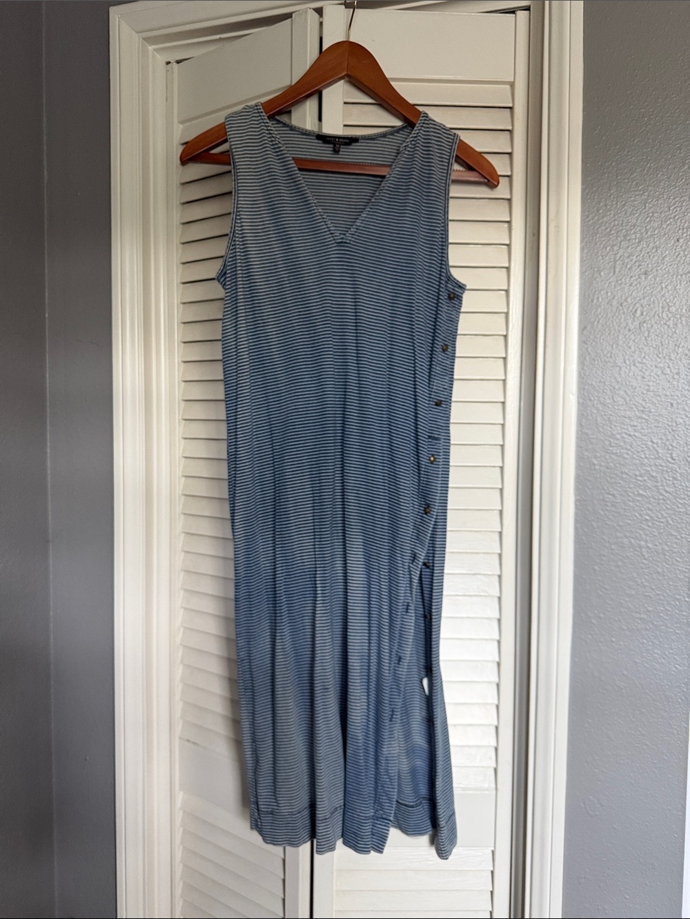 Lucky Brand Faded Blue Striped Sleeveless V-Neck Maxi Dress with Side Buttons